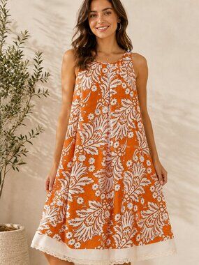 LOFT Orange & Cream Floral Paisley Midi Dress Excellent Condition Sz 12